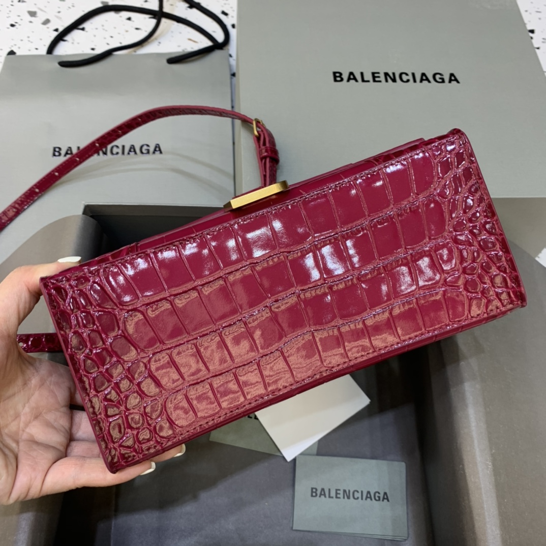 Balenciaga Hourglass Small Handbag Crocodile Embossed Shoulder Bag Burgundy